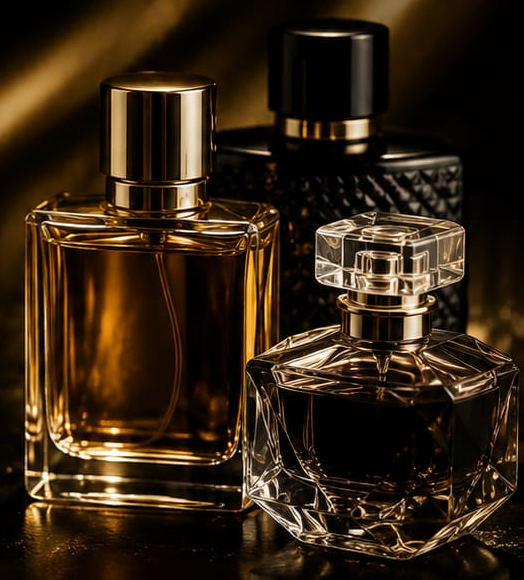 Frascos de perfume em fundo escuro com luz dourada